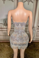 Strapless Mini Homecoming Dresses Silver Cocktail 1920s Party Dress with Fringes