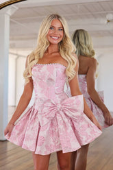 Suzhoufashion Strapless Pearl-Trimmed Floral Jacquard Short Homecoming Dresses with Side Bow