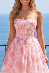 Strapless Pink Floral Corset Short A Line Homecoming Dress