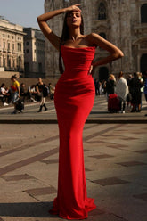 Strapless Prom Dress Red Sleeveless Pleated Mermaid Evening Formal Dress