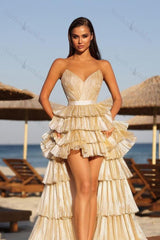 Strapless Prom Dress Sleeveless V Neck Ruffled Evening Formal Dress With Detachable Skirt