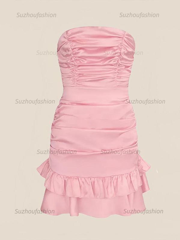 Strapless Ruched Bow Back Homecoming Dress with Ruffle