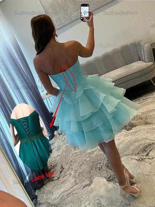 Strapless Ruffle Tiered Short Homecoming Dress with Crystal