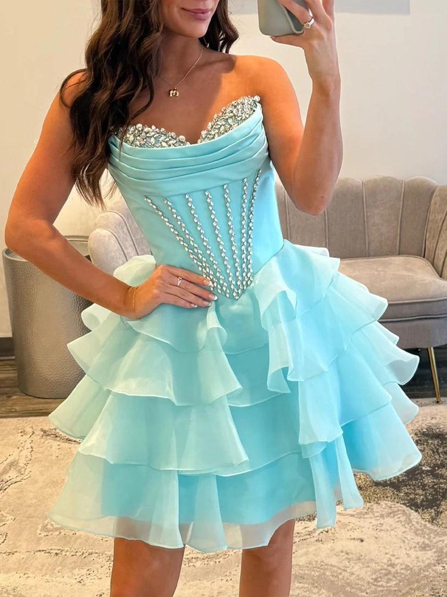 Strapless Ruffle Tiered Short Homecoming Dress with Crystal