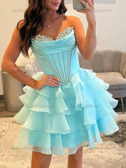 Strapless Ruffle Tiered Short Homecoming Dress with Crystal