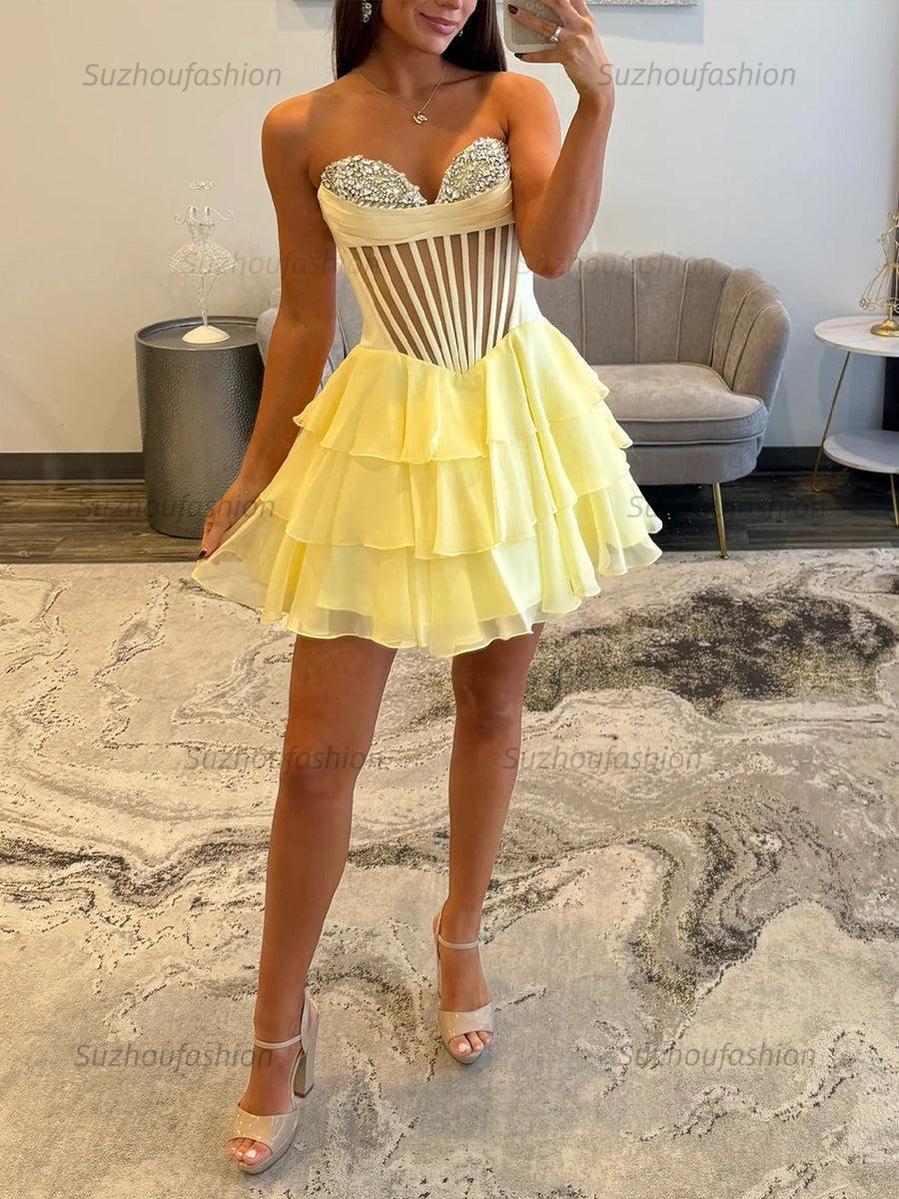 Strapless Sheer Bodice Tiered Short Homecoming Dress with Crystal