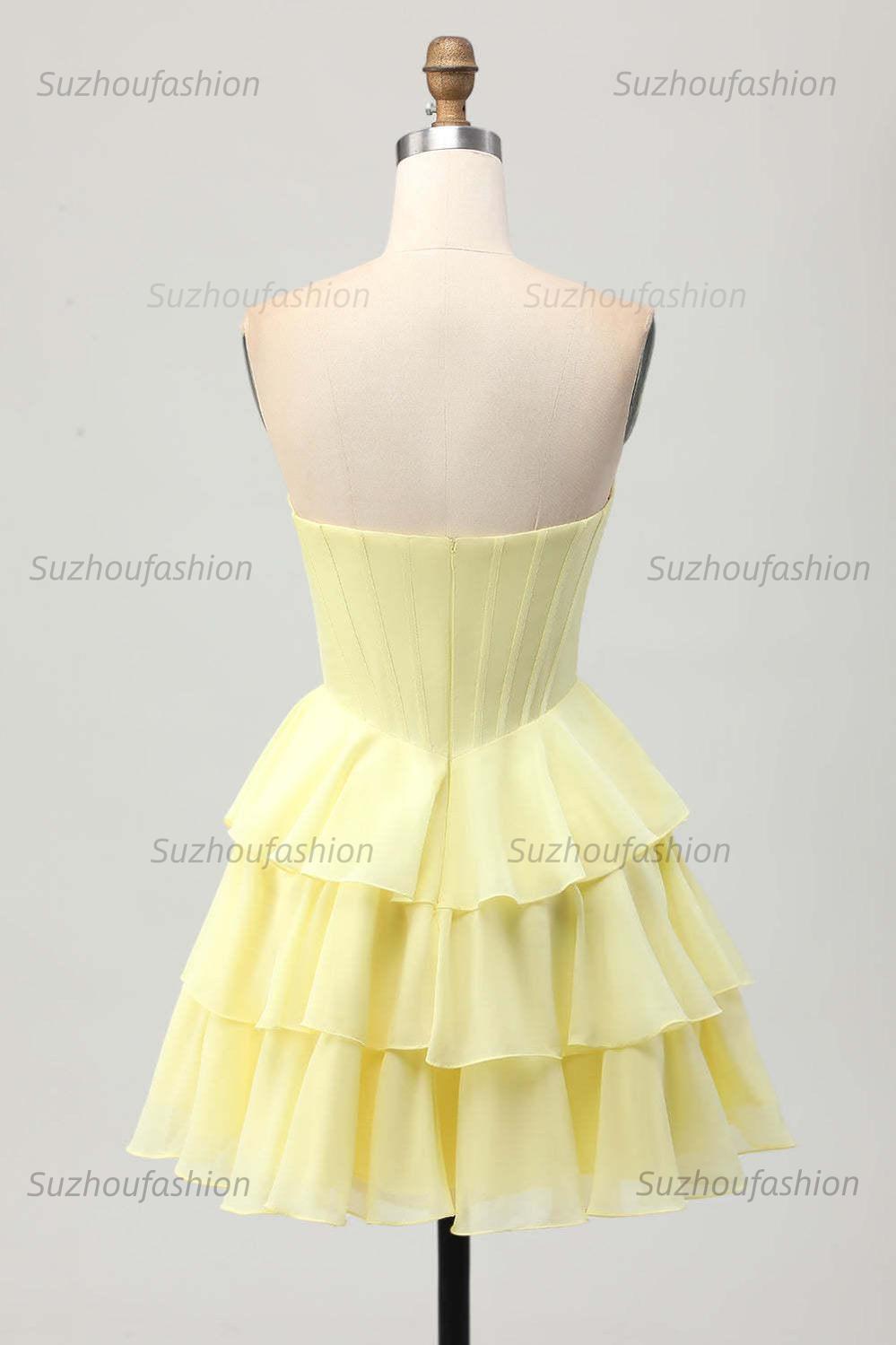 Strapless Sheer Bodice Tiered Short Homecoming Dress with Crystal