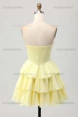 Strapless Sheer Bodice Tiered Short Homecoming Dress with Crystal