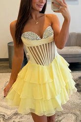 Suzhoufashion Strapless Sheer Bodice Tiered Short Homecoming Dress with Crystal