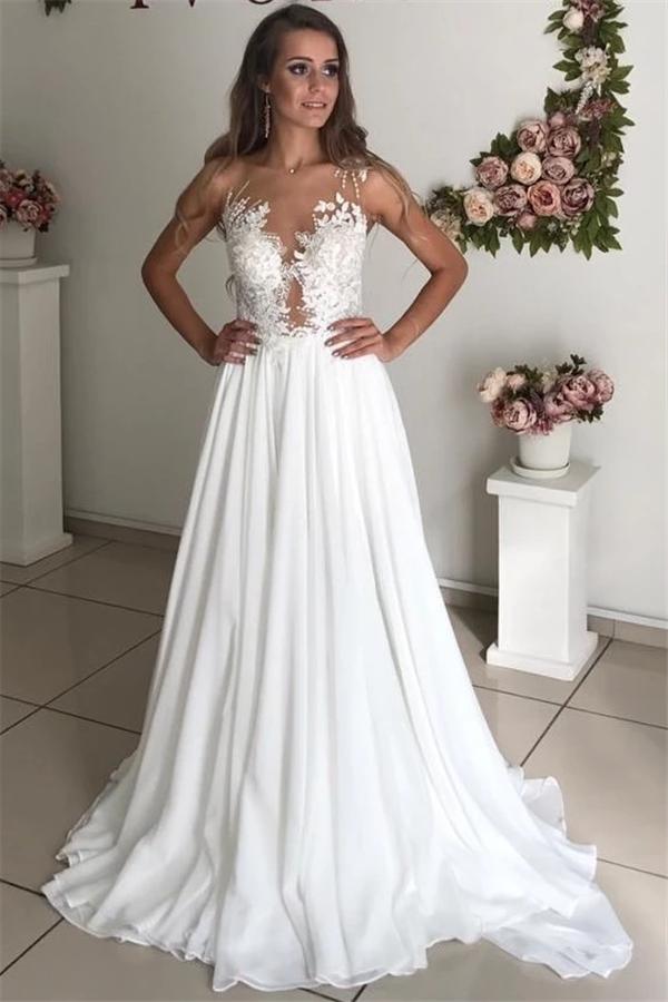 Strapless Sheer Tulle Chiffon Beach Wedding Dresses | Appliques A-line Beach Bridal Dresses