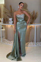 Strapless Sleeveless Beading Sleeveless Split Evening Formal Dress with Ruffled