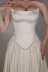 Strapless Sleeveless Long A Line Evening Formal Dress With Pleated Beading