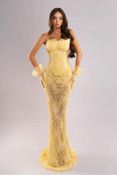Strapless Sleeveless Long Mermaid Evening Formal Dress With Lace Embroidery Gloves