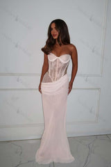 Strapless Sleeveless Long Mermaid Evening Formal Dress With Lace Pleated