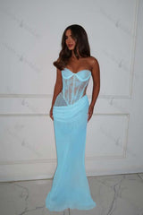 Strapless Sleeveless Long Mermaid Evening Formal Dress With Lace Pleated