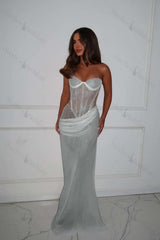 Strapless Sleeveless Long Mermaid Evening Formal Dress With Lace Pleated