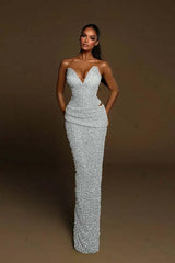 Strapless Sleeveless Long Mermaid Evening Formal Dress With Pleated Beading