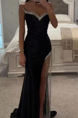Strapless Sleeveless Long Mermaid Evening Formal Dress With Split Tassel Beading