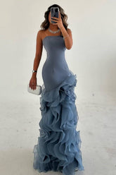 Strapless Sleeveless Long Mermaid Evening Formal Dress With Tulle Ruffled