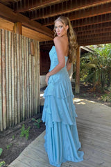 Strapless Sleeveless Long Pleated Evening Formal Dress With Ruffled HF0004