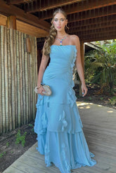 Strapless Sleeveless Long Pleated Evening Formal Dress With Ruffled HF0004
