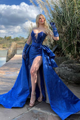 Strapless Sleeveless Long Split Evening Formal Dress Beading