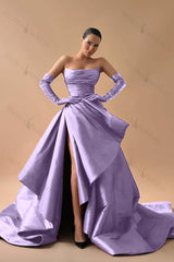 Strapless Sleeveless Long Split Evening Formal Dress Pleated