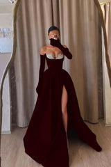 Strapless Sleeveless Long Split Evening Formal Dress With Beading Long Gloves