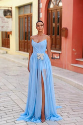 Strapless Sleeveless Long Split Evening Formal Dress With Pleated Beading