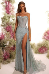 Strapless Sleeveless Long Split Evening Formal Dress With Pleated Sequined