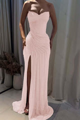 Strapless Sleeveless Mermaid Long Evening Formal Dress With Split Pleated