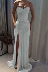 Strapless Sleeveless Mermaid Long Evening Formal Dress With Split Pleated