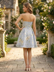 Strapless Sweetheart Floral Brocade Mini Dress with Pleated Skirt Homecoming Dresses