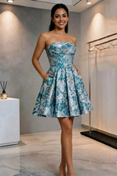 Suzhoufashion Strapless Sweetheart Floral Brocade Mini Dress with Pockets Homecoming Dresses