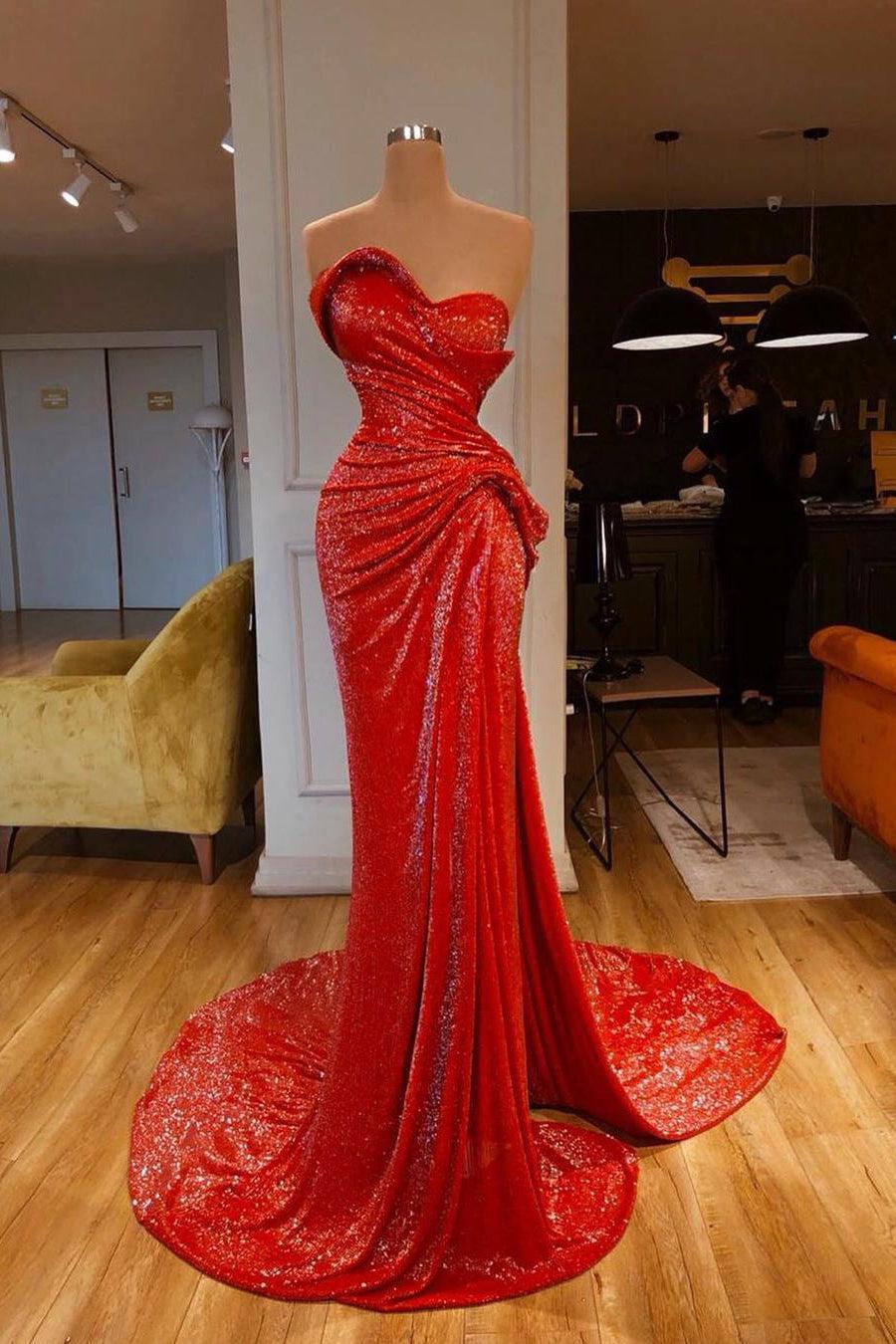Strapless Sweetheart Sleeveless Long Mermaid Evening Formal Dress Red Prom Dress With Sequined