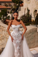 Strapless Wedding Dress Mermaid Lace Appliques Bridal Gown with Detachable Train