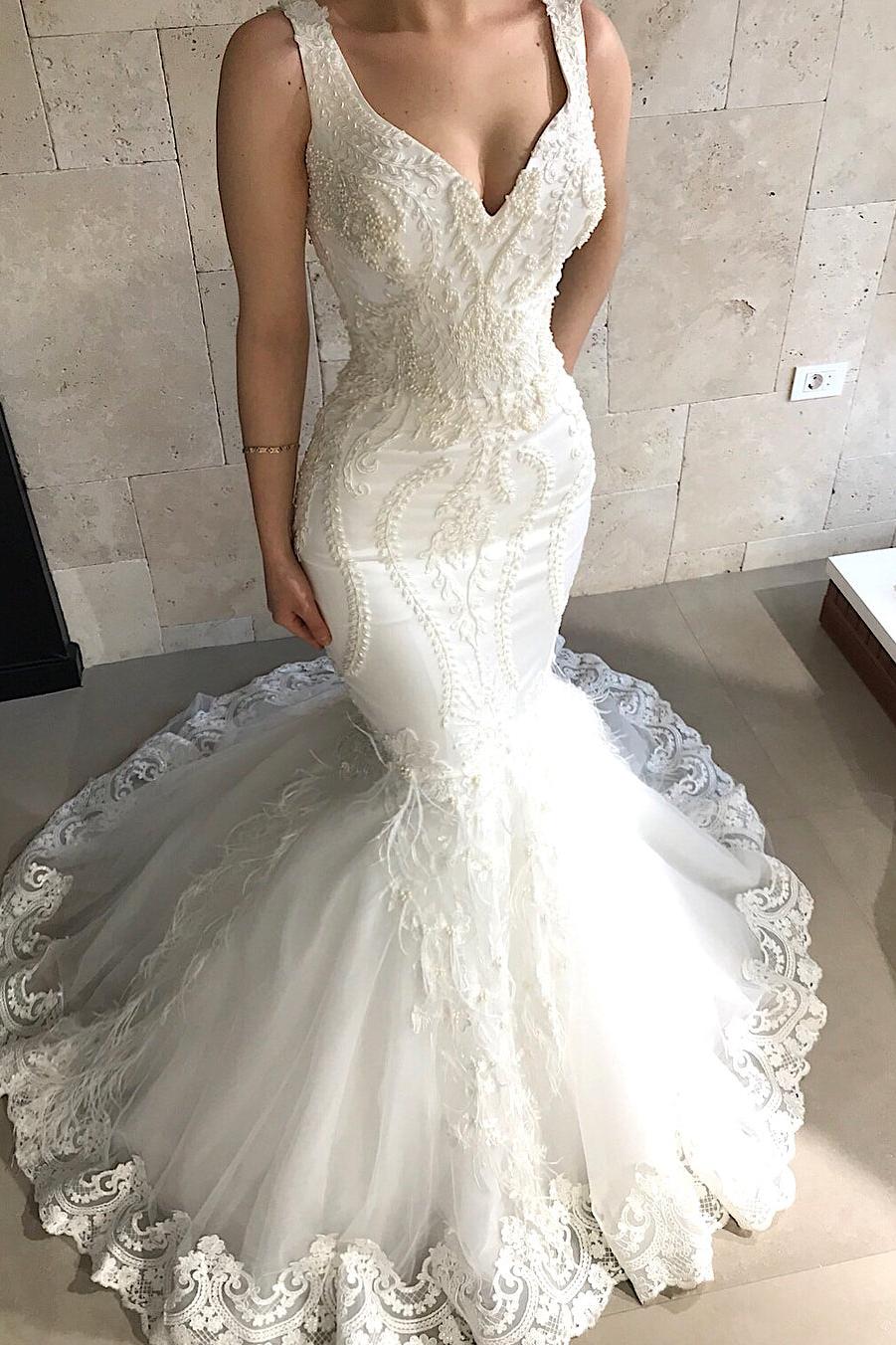 Straps Mermaid Beads Appliques Wedding Dresses | Sleeveless Tulle Lace Bridal Gowns