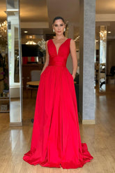 Straps Sleeveless High Waist Long Evening Formal Dress With Pockets Pleated