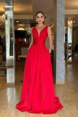 Straps Sleeveless High Waist Long Evening Formal Dress With Pockets Pleated