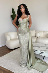 Straps Sweetheart Sleeveless Long Mermaid Evening Formal Dress With Sequined