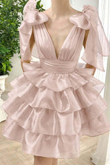 Straps V Neck Sleeveless Short Homecoming Dress With Ruffles
