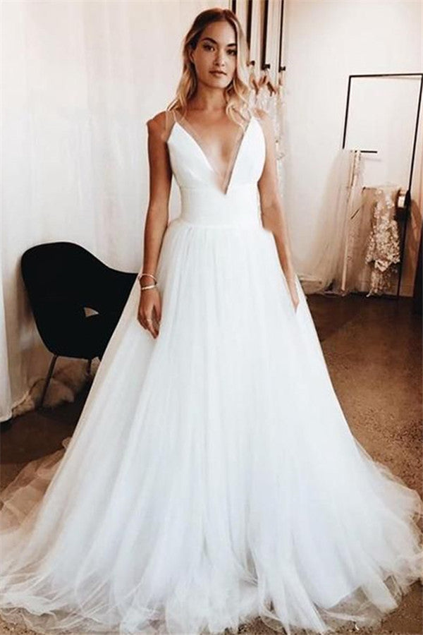 Straps V-neck Sexy Sleeveless Summer Wedding Dresses | Puffy Tulle Outdoor Bridal Dress