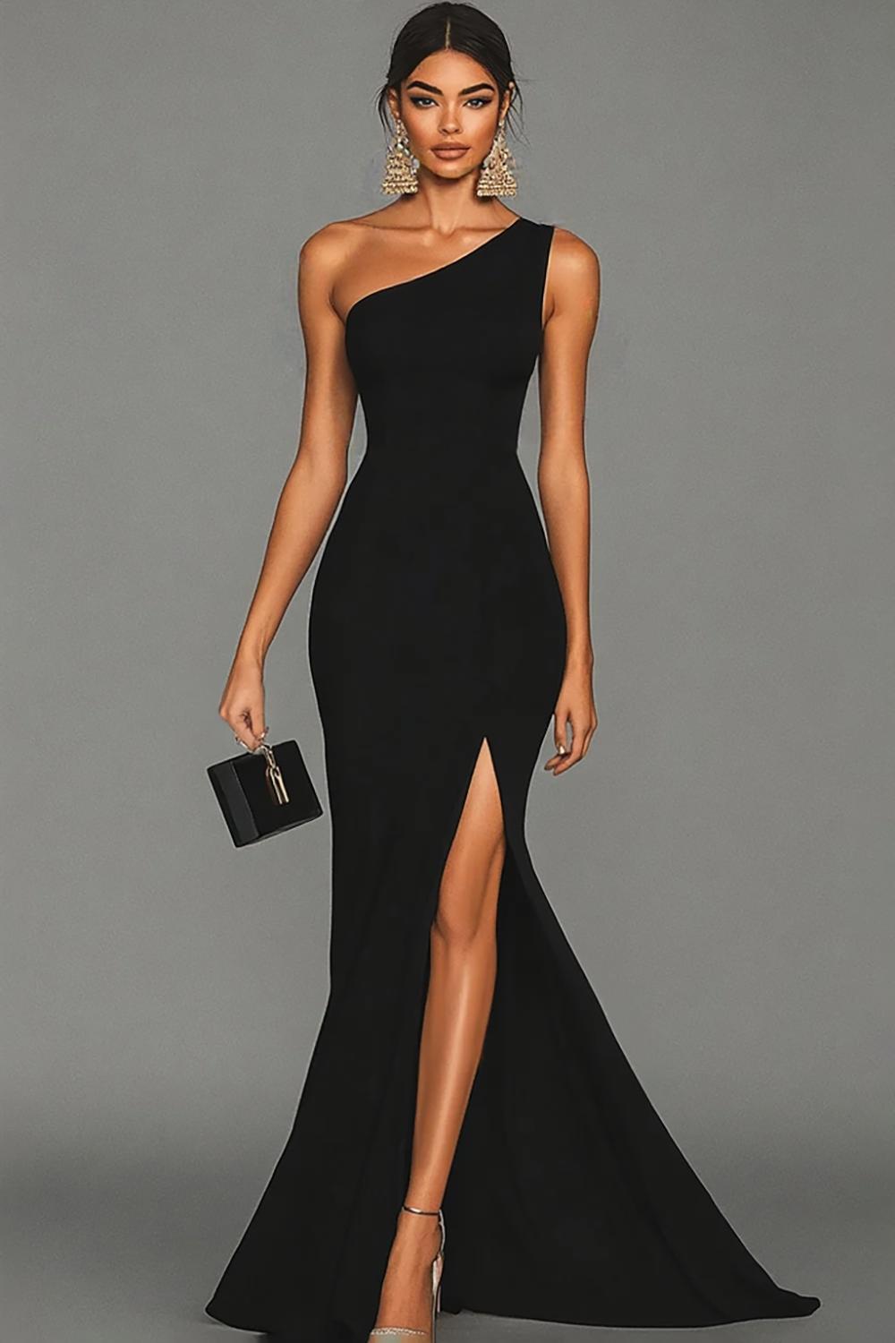 Suzhoufashion Stunning Black Mermaid One Shoulder Long Satin Prom Dress With Slit