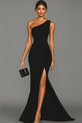 Suzhoufashion Stunning Black Mermaid One Shoulder Long Satin Prom Dress With Slit