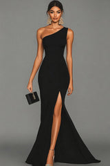 Suzhoufashion Stunning Black Mermaid One Shoulder Long Satin Prom Dress With Slit