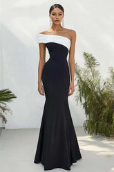 Suzhoufashion Stunning Black White One Shoulder Long Satin Prom Dress