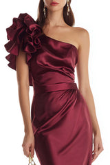 Suzhoufashion Stunning Burgundy One Shoulder Mermaid Long Satin Prom Dress With 3D Flower