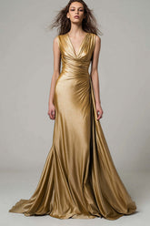 Suzhoufashion Stunning Gold V-Neck Ruched Mermaid Long Prom Dress