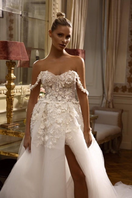 Stunning Long White Off-the-shoulder A-line Lace Bridal Gowns With Split Online