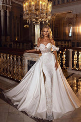Stunning Off Shoulder White Floral Mermaid Slim Wedding Gowns Sweetheart Long Bridal Dress with Detachable Tail